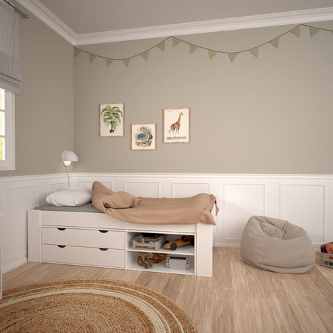 Steens for Kids Single Bed, Includes - Under Bed Drawer Section 2 Drawers in Whitewash Grey Brown Lacquered