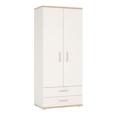 4Kids 2 Door 2 Drawer Wardrobe in Light Oak and white High Gloss (lilac handles)