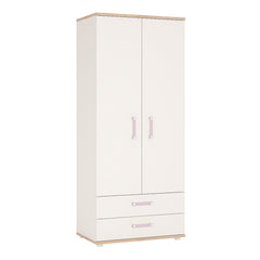 4Kids 2 Door 2 Drawer Wardrobe in Light Oak and white High Gloss (lilac handles)