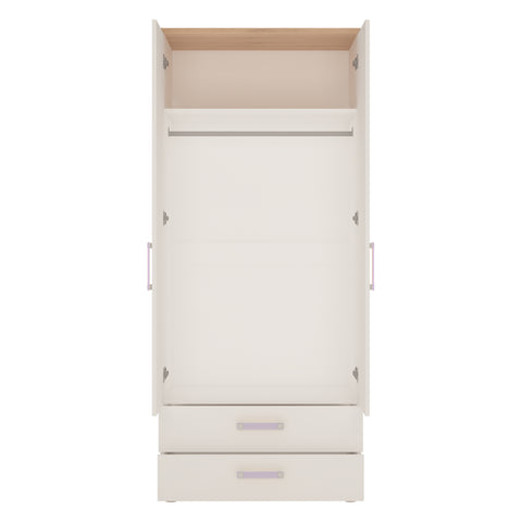 4Kids 2 Door 2 Drawer Wardrobe in Light Oak and white High Gloss (lilac handles)