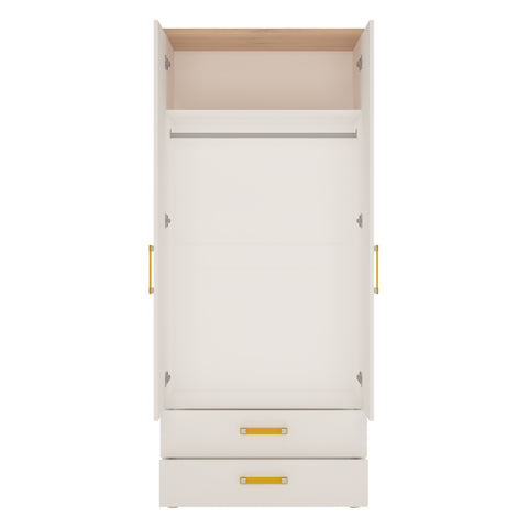 4Kids 2 Door 2 Drawer Wardrobe in Light Oak and white High Gloss (orange handles)