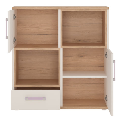 4Kids 2 Door 1 Drawer Cupboard with 2 open shelves in Light Oak and white High Gloss (lilac handles)