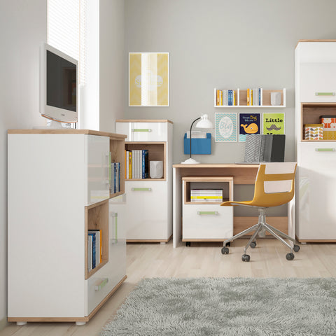 4Kids 2 Door 1 Drawer Cupboard with 2 open shelves in Light Oak and white High Gloss (lemon handles)