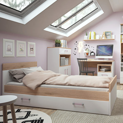 4Kids Single Bed with under Drawer in Light Oak and white High Gloss (lilac handles)