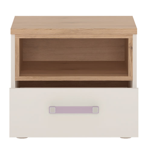 4Kids 1 Drawer bedside Cabinet in Light Oak and white High Gloss (lilac handles)