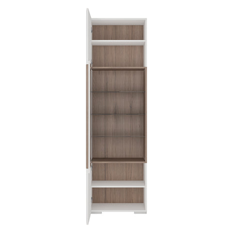 Toronto Tall narrow glazed display cabinet with internal shelves (inc. Plexi Lighting) In White and Oak