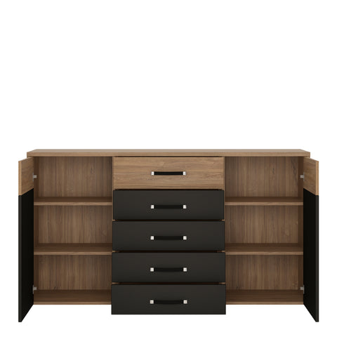 Monaco 2 door 5 drawer wide cupboard in Oak and Black