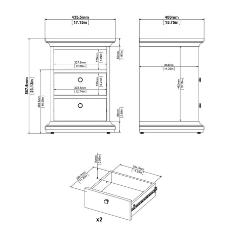 Paris Bedside 2 Drawers in Matt Grey