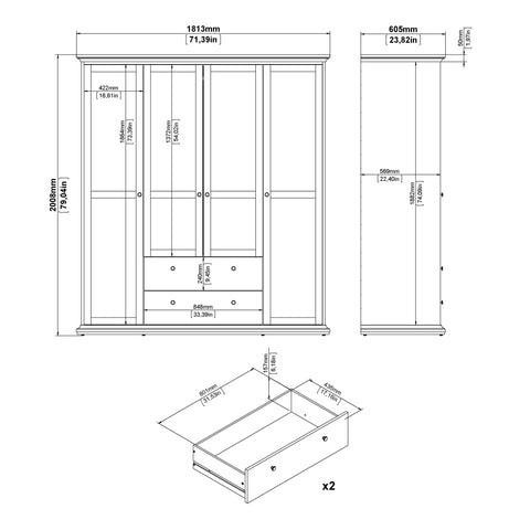 Paris Wardrobe with 4 Doors and 2 Drawers in Matt Grey