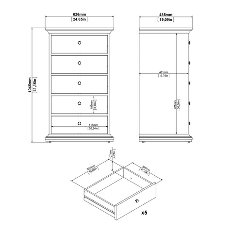 Paris Chest 5 Drawers in Matt Grey