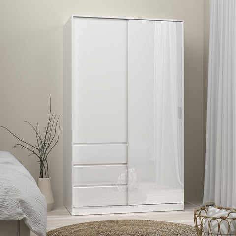 Naia Wardrobe with 1 Sliding Door 1 Door 3 Drawers in White High Gloss