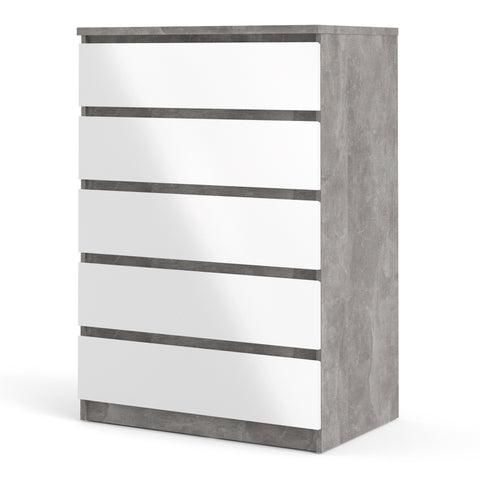 Naia Chest of 5 Drawers in Concrete and White High Gloss