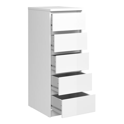 Naia Narrow Chest of 5 Drawers in White High Gloss