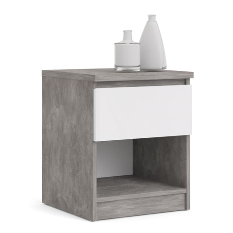 Naia Bedside 1 Drawer 1 Shelf in Concrete and White High Gloss