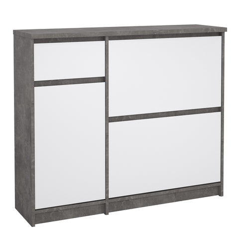 Naia Shoe Cabinet with 2 Flip Down Doors 1 Door and 1 Drawer in Concrete and White High Gloss