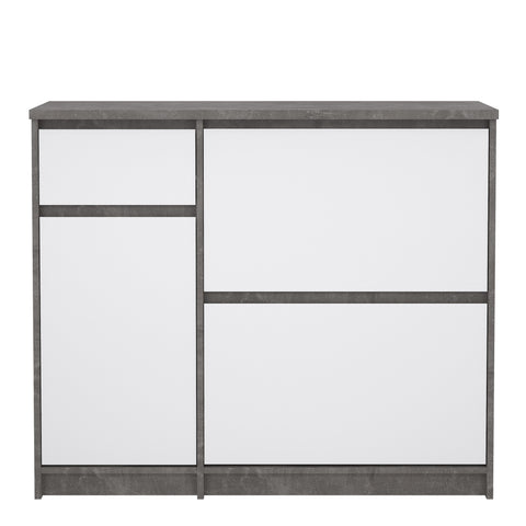 Naia Shoe Cabinet with 2 Flip Down Doors 1 Door and 1 Drawer in Concrete and White High Gloss