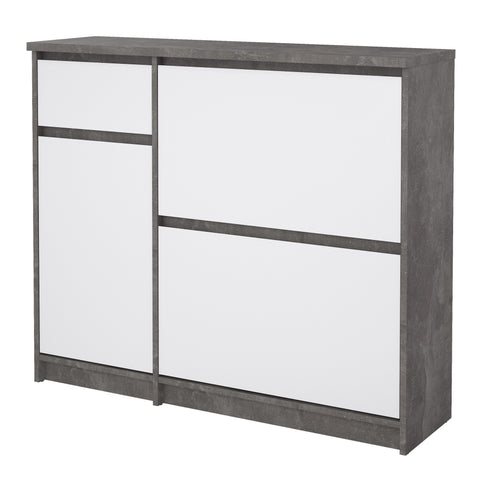 Naia Shoe Cabinet with 2 Flip Down Doors 1 Door and 1 Drawer in Concrete and White High Gloss