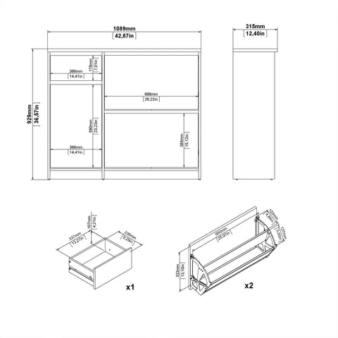 Naia Shoe Cabinet with 2 Flip Down Doors 1 Door and 1 Drawer in Concrete and White High Gloss