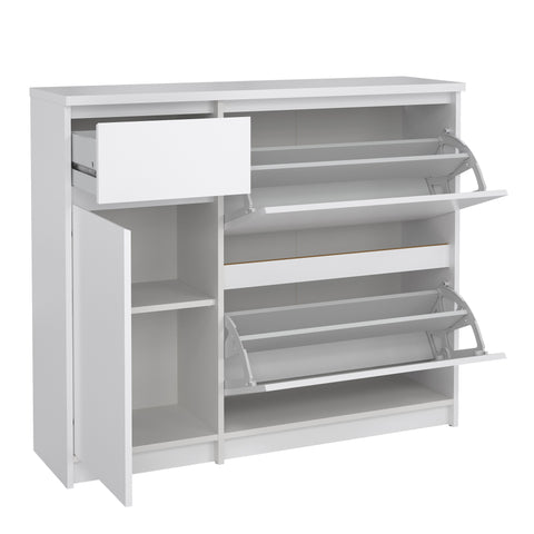 Naia Shoe Cabinet with 2 Flip Down Doors 1 Door and 1 Drawer in White High Gloss