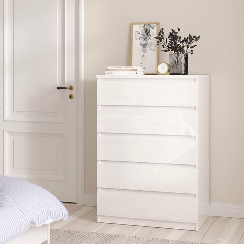 Naia 3 Piece Bundle, Bedside, Chest and 2 Door 1 Drawer Wardrobe in White High Gloss