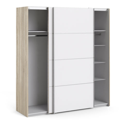 Verona Sliding Wardrobe 180cm in Oak with White Doors with 5 Shelves