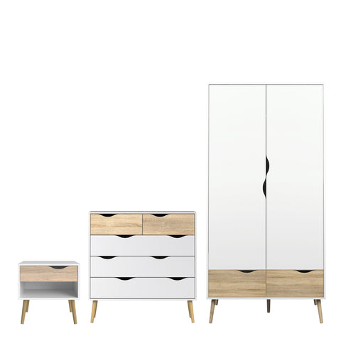 Oslo Package - Bedside 1 Drawer + Chest of 5 Drawers (2+3) + Wardrobe 2 Doors 2 Drawers in White and Oak