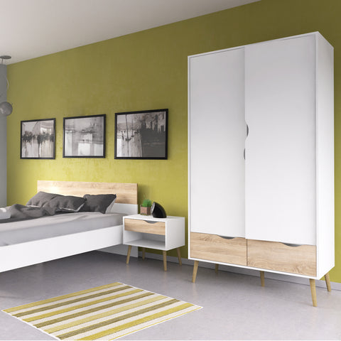 Oslo Package - Bedside 1 Drawer + Chest of 5 Drawers (2+3) + Wardrobe 2 Doors 2 Drawers in White and Oak