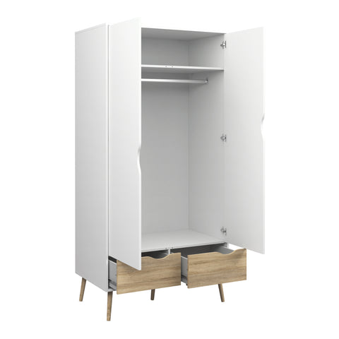 Oslo Package - Bedside 1 Drawer + Chest of 5 Drawers (2+3) + Wardrobe 2 Doors 2 Drawers in White and Oak