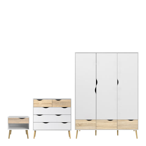 Oslo Package - Bedside 1 Drawer + Chest of 5 Drawers (2+3) + Wardrobe 3 Doors 3 Drawers in White and Oak