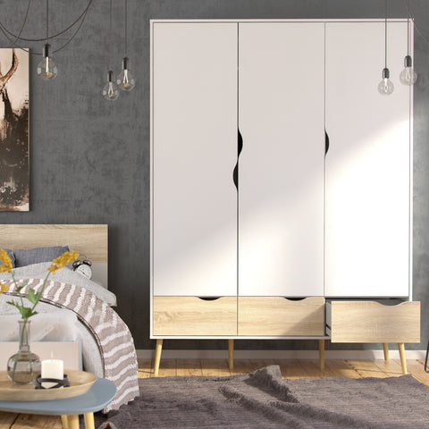 Oslo Package - Bedside 1 Drawer + Chest of 5 Drawers (2+3) + Wardrobe 3 Doors 3 Drawers in White and Oak