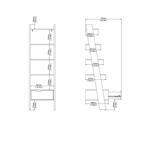 Oslo Leaning Bookcase 1 Drawer in White and Oak