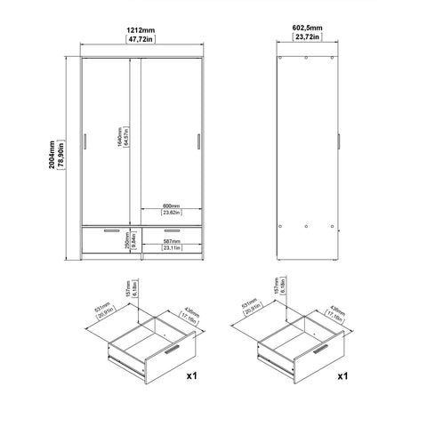 Line Wardrobe with 2 Doors + 2 Drawers in White and Jackson Hickory Oak