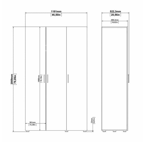 Pepe Wardrobe with 3 Doors in Oak with White High Gloss