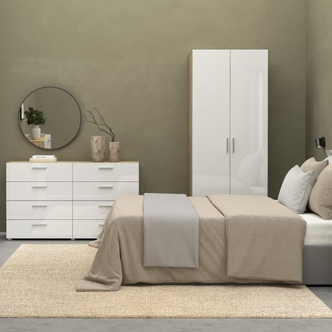 Pepe 3 Piece Bundle, Bedside, Chest and 2 Door Wardrobe in Oak and White High Gloss