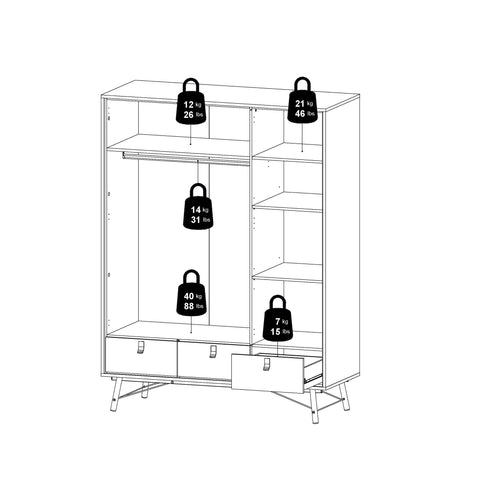 Ry Wardrobe 3 Doors 3 Drawers in Matt White