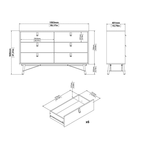 Ry Wide Double Chest of Drawers 6 Drawers in Matt White