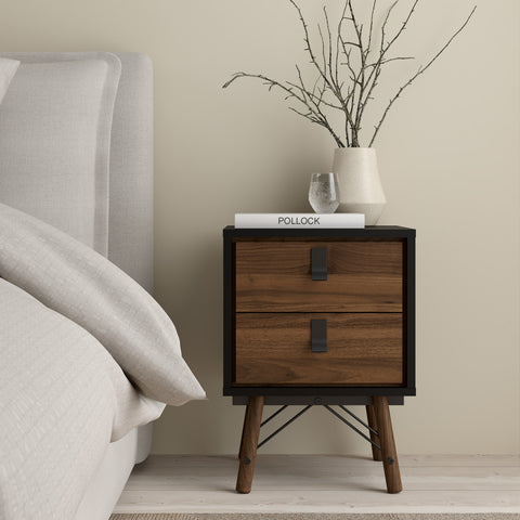 Ry Bedside Cabinet 2 Drawer in Matt Black Walnut