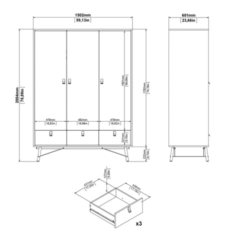 Ry 3 Piece Bundle, Bedside, Chest and 3 Door 3 Drawer Wardrobe in Matt Black Walnut