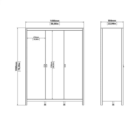 Barcelona 3 Piece Bundle, Bedside, Chest and 3 Door Wardrobe in White