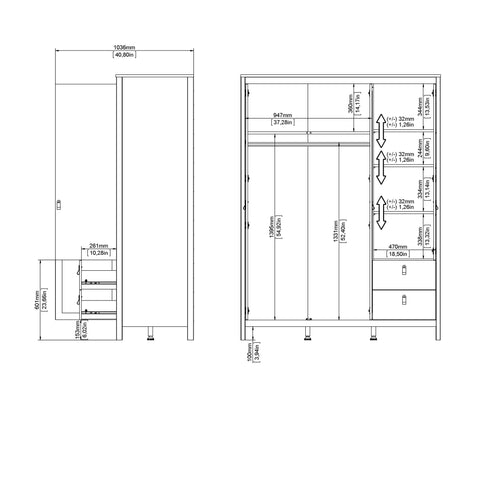 Barcelona Wardrobe with 2 doors + 1 mirror door + 2 drawers White