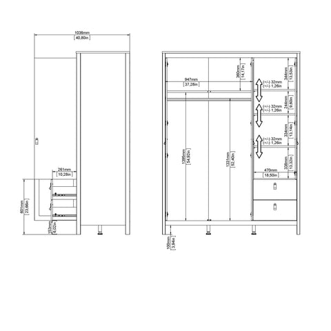 Barcelona Wardrobe with 2 doors + 1 mirror door + 2 drawers Matt Black