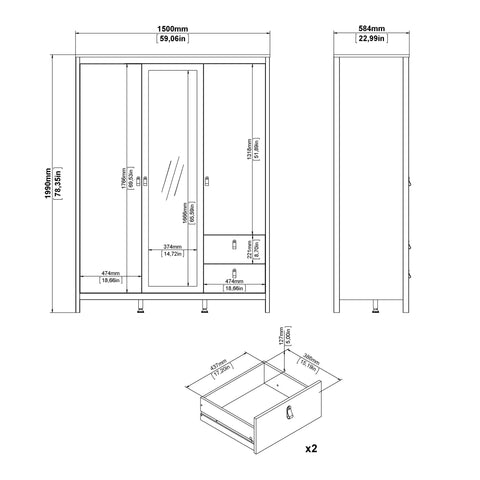 Barcelona Wardrobe with 2 doors + 1 mirror door + 2 drawers Matt Black