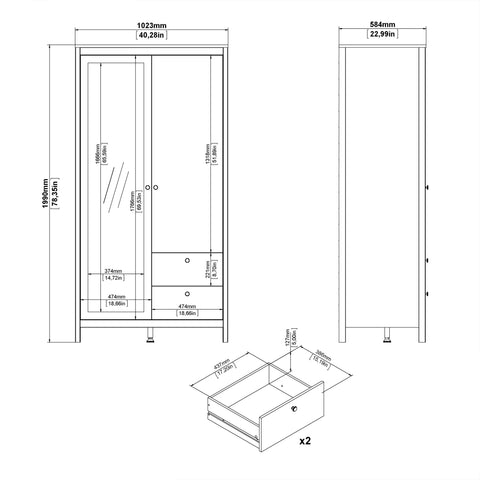 Madrid Wardrobe with 1 door + 1 mirror door + 2 drawers Matt Black