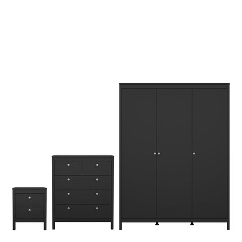 Madrid 3 Piece Bundle, Bedside, Chest and 3 Door Wardrobe in Matt Black