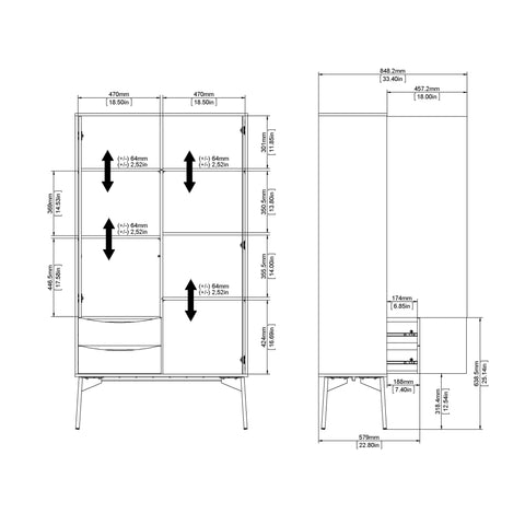 Fur China Cabinet 1 door + 1 Glass Door + 2 Drawers in Grey, White and Walnut