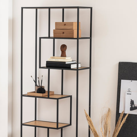 Seaford Tall Black Metal Bookcase with 5 Oak Shelves