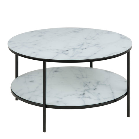 Alisma Round Coffee Table with Marble Effect Glass Top & Black Legs