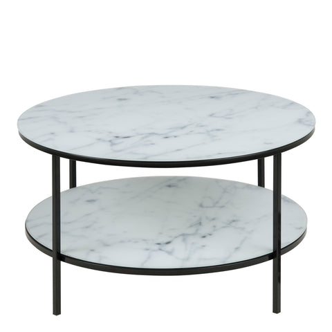 Alisma Round Coffee Table with Marble Effect Glass Top & Black Legs