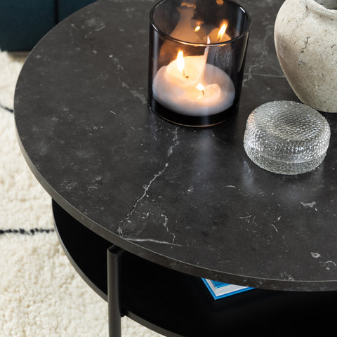 Goldington Round Coffee Table with Black Marble Melamine Top & Black Legs