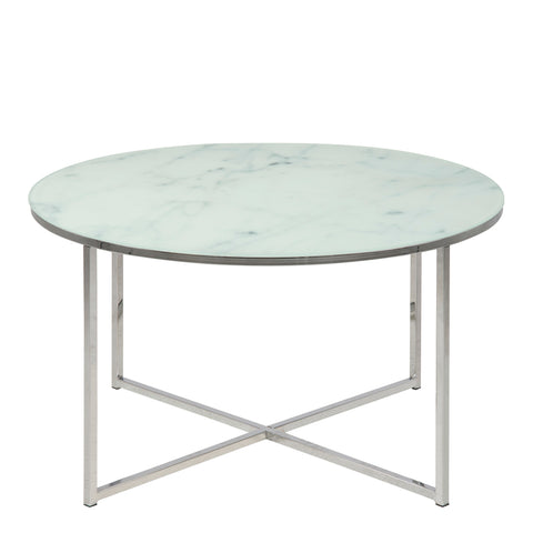 Alisma Round Coffee Table with White Marble Effect Glass Top & Silver Legs